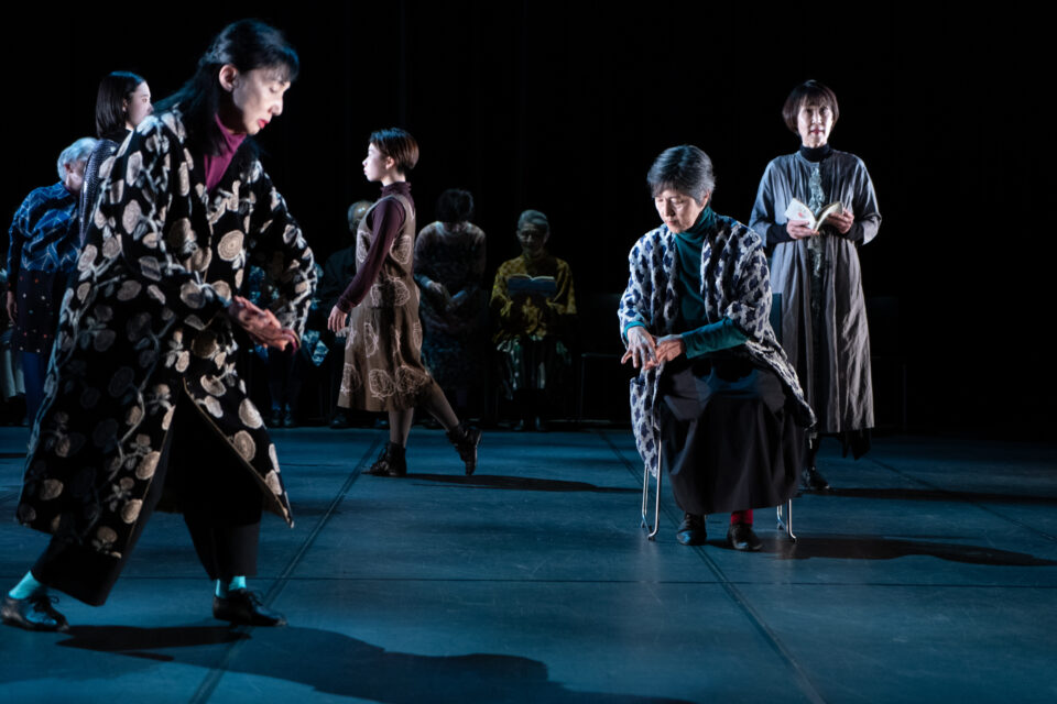 チャレンジ・オブ・ザ・シルバー小田原公演「Largo－新しいトーン」の一場面。薄暗い照明のなか、椅子に座る人や歩き出す人、また本を手に朗読している人など、8名ほどの役者がそれぞれのパフォーマンスを見せている。衣装は落ち着いたシックなモノトーンの色合いで統一されながらも各自異なり、柄物を着ている役者が多い。