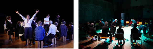 左の写真は、制服姿の役者たちが円形に配置された客席の中で演じる場面。手前では、女子学生役が両手を大きく広げて立っている。 右の写真は、黒い衣装を着た役者たちが円形に並べた椅子の周りで演じる場面。